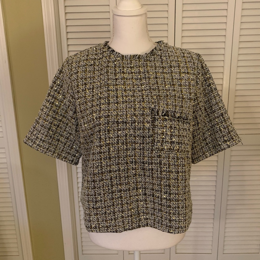 LOFT White & Gold Tweed Top with Fringed neckline and pocket NWT